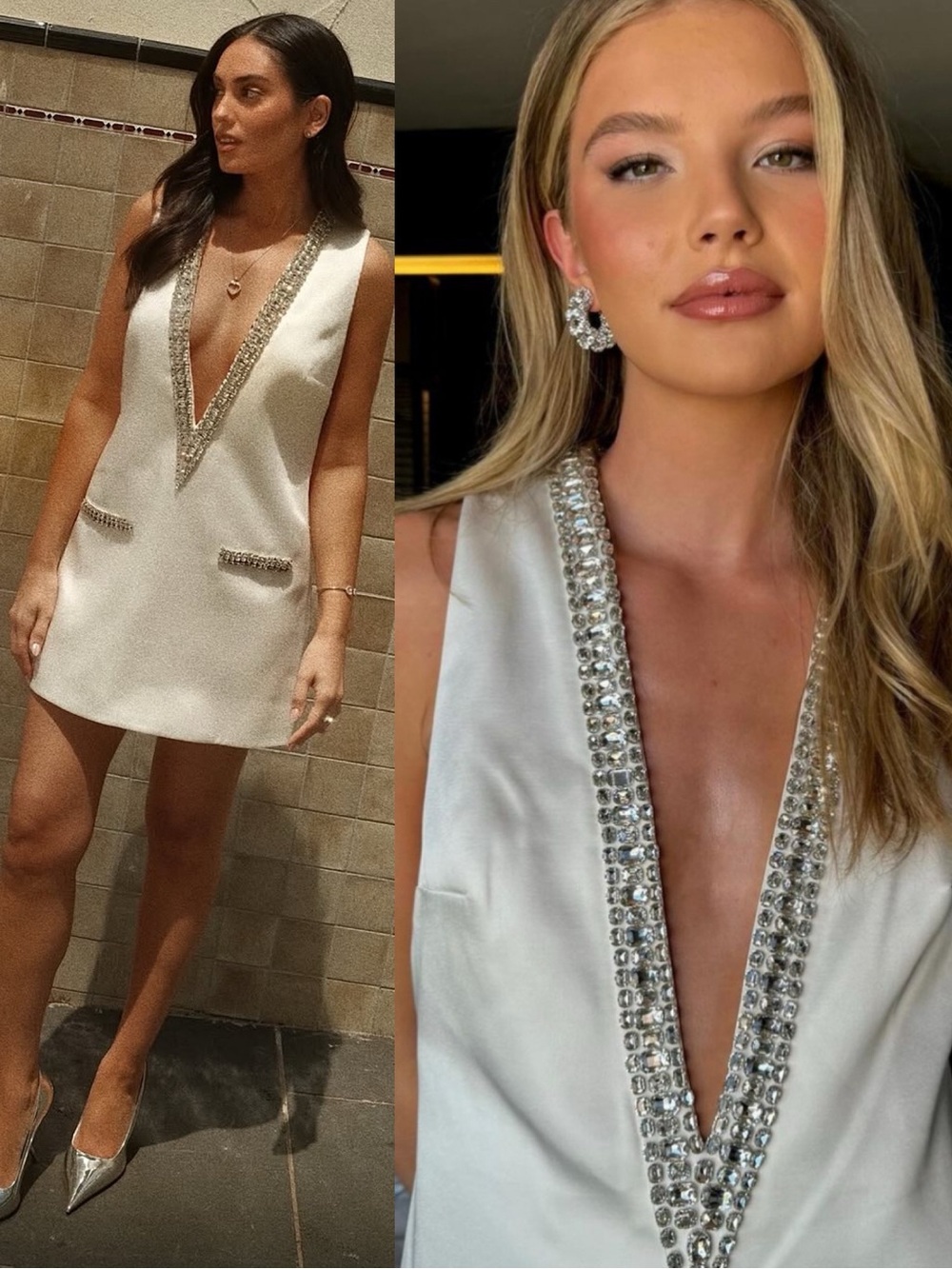 Retrofete Nancie Deep V-Neckline Mini Dress White Silver NEW with tags
